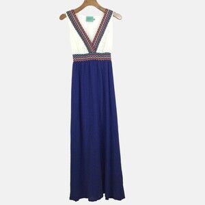 Judith March Embroidered Zigzag V-Neck Sleeveless Summer Maxi Dress Blue White S